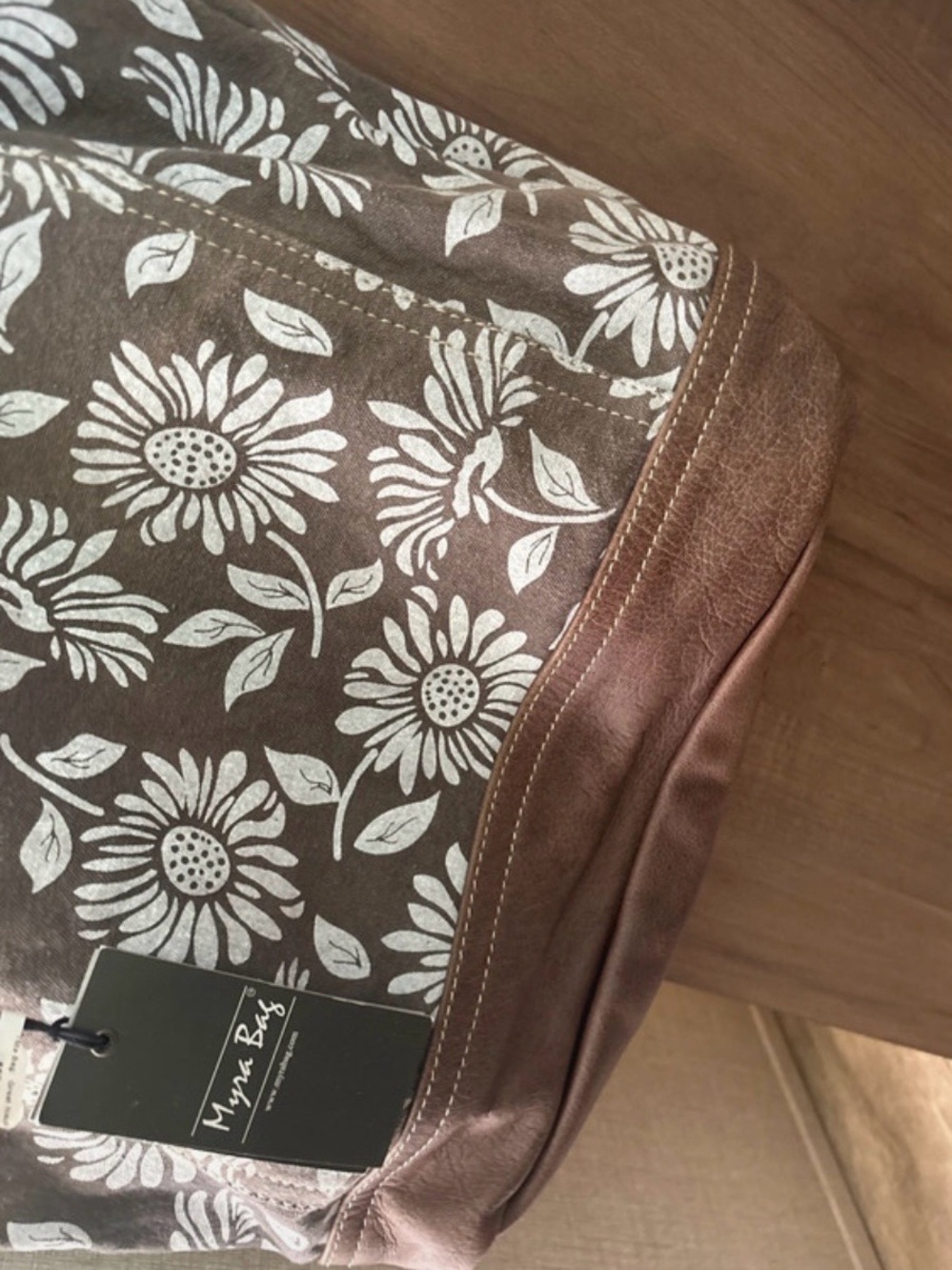 Myra Canvas Floral Tote Bag in Brown and White with Leather trim -NWT - Picture 5 of 8